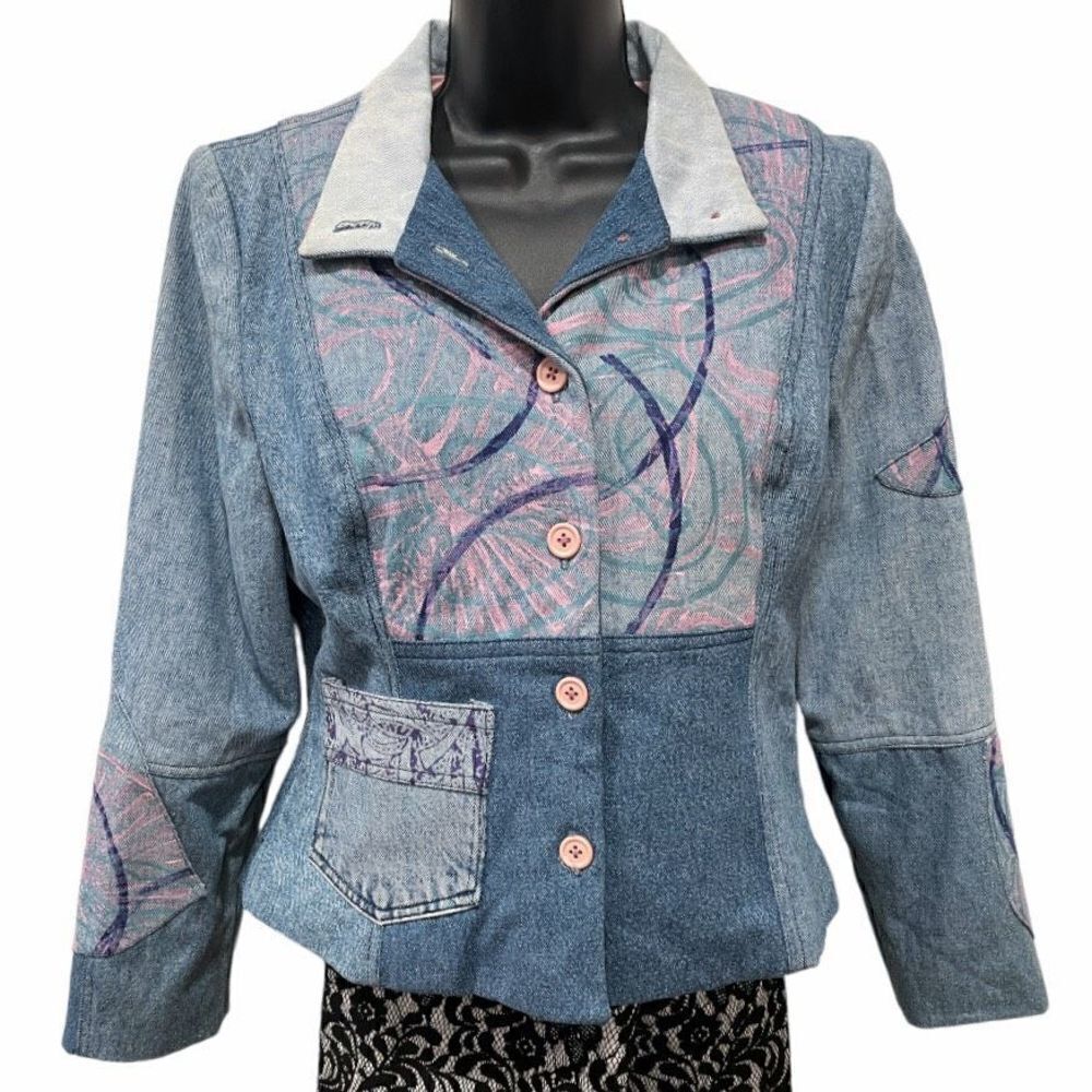 VINTAGE Original Hand Painted Upcycled Denim Patchwork Blazer Jacket Size Small - Picture 6 of 16